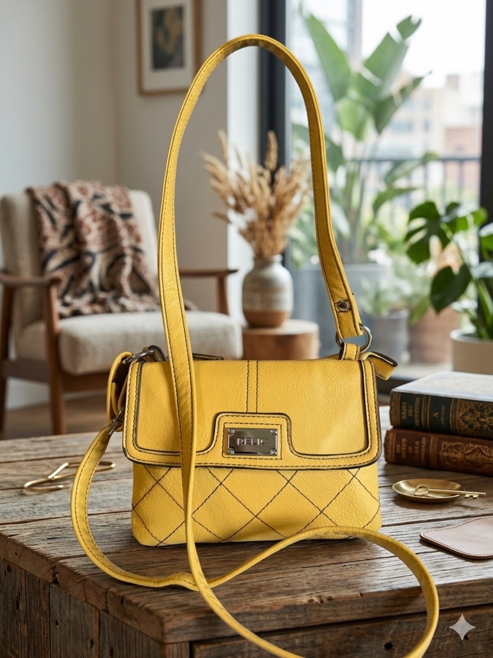 Relic by Fossil Yellow Crossbody Organizer Bag Quilted Vegan Leather